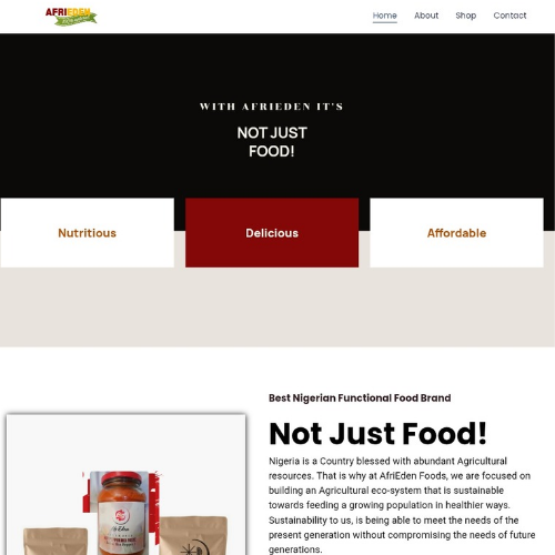 Modern agricultural and food business website designed for Afrieden Foods by Gladys Dalung and Girma Tech Business Solutions.